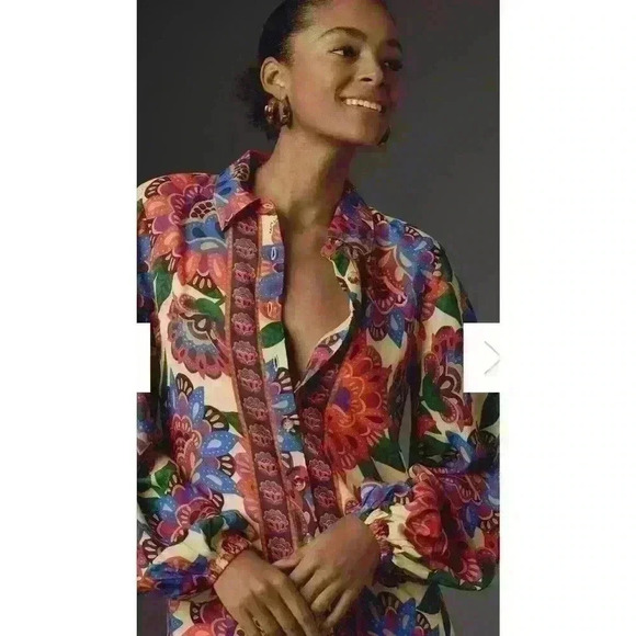 New Anthropologie by Farm Rio Long-Sleeve Button-Front Midi Dress XS NWT $228 - Picture 4 of 5